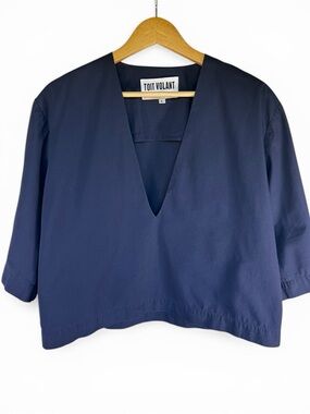 Toit Volant Navy Cotton Deep V Top Oversized Minimalist USA L